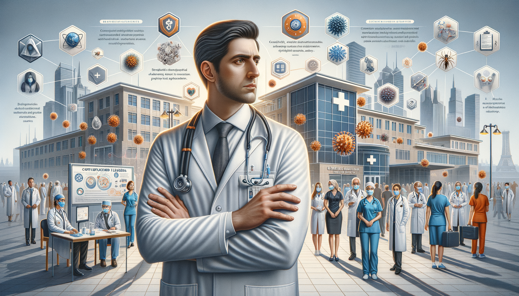 Create a clean, professional, editorial-style image for Dr. Jay Varma’s public health website, which shares evidence-based guidance on infectious diseases, outbreaks, vaccination, and health strategy. The image should: Clearly visualise the topic with calm authority Fit an expert health site: modern, trustworthy, and photorealistic Avoid sensationalism, gore, or fearmongering Depict clinics, labs, vaccination sites, or diverse people in public health contexts Leave space for a text overlay if possible; use a neutral, non-distracting palette Include realistic details but avoid cluttered backgrounds Reinforce public understanding and trust in health professionals Do not include any text in the image. Topic: Artificial Intelligence, Privacy, and Ethics in State and Local Public Health Agencies