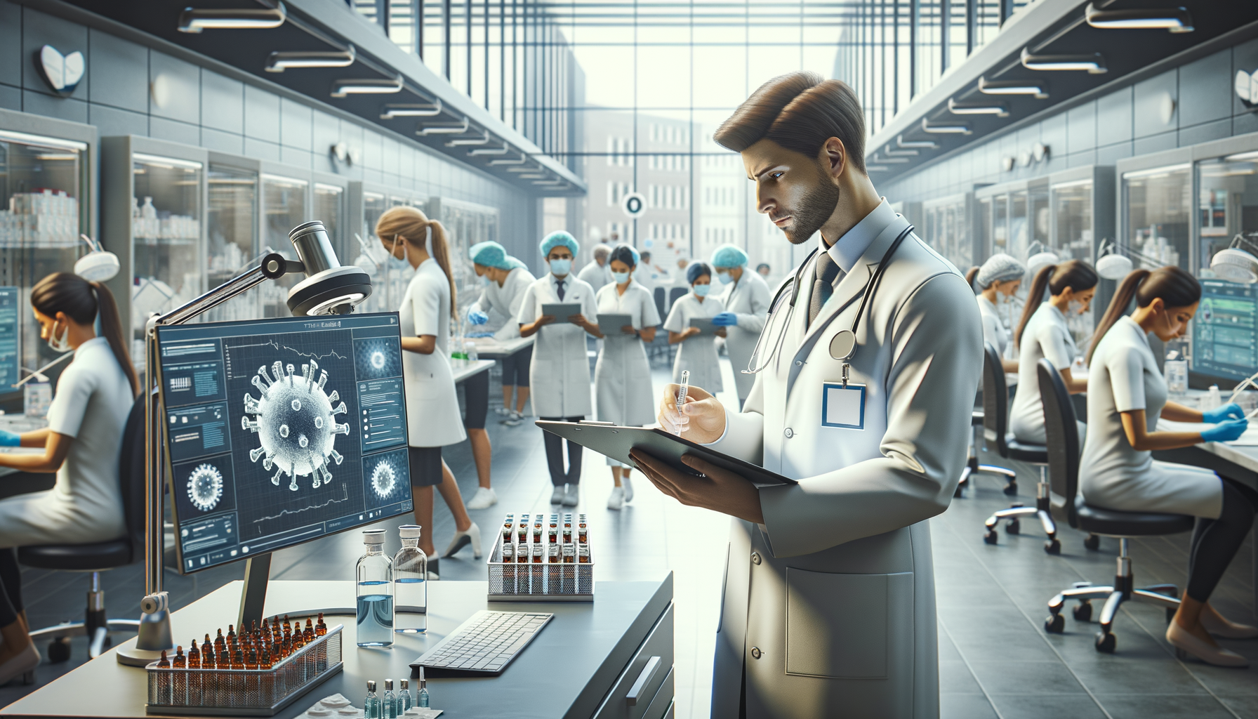 Create a clean, professional, editorial-style image for Dr. Jay Varma’s public health website, which shares evidence-based guidance on infectious diseases, outbreaks, vaccination, and health strategy. The image should: Clearly visualise the topic with calm authority Fit an expert health site: modern, trustworthy, and photorealistic Avoid sensationalism, gore, or fearmongering Depict clinics, labs, vaccination sites, or diverse people in public health contexts Leave space for a text overlay if possible; use a neutral, non-distracting palette Include realistic details but avoid cluttered backgrounds Reinforce public understanding and trust in health professionals Do not include any text in the image. Topic: How AI Can Strengthen Outbreak and Emergency Response in Public Health