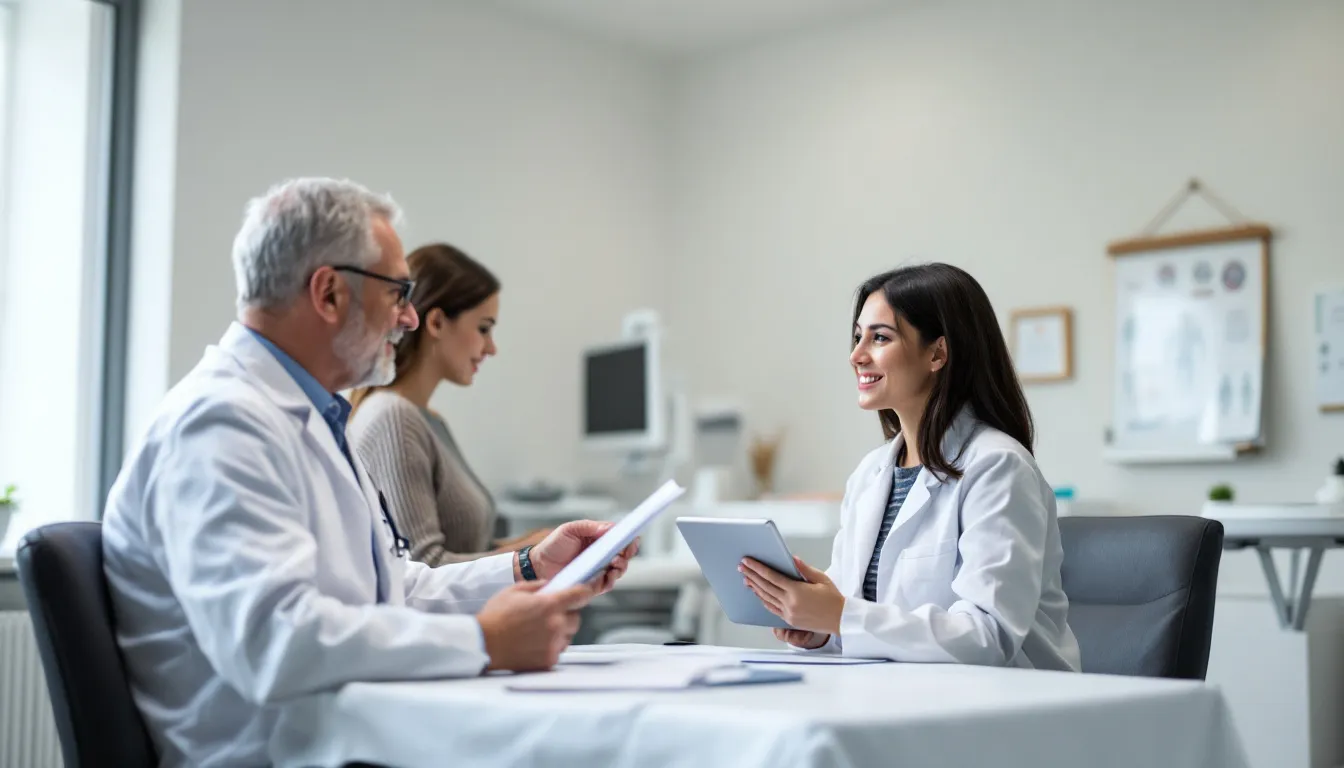 In a medical consultation room, a doctor and a patient are engaged in a discussion about treatment options, emphasizing the importance of accurate health information and the role of health care providers in public health efforts. The setting highlights the critical exchange of knowledge that can help combat health misinformation and improve patient outcomes.
