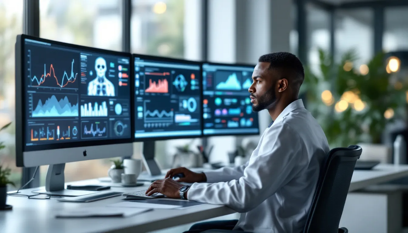A healthcare professional is intently analyzing data displayed on multiple computer screens, which showcase AI detection systems designed to combat health misinformation. The scene highlights the importance of accurate health information and the role of health workers in public health efforts during major outbreaks.