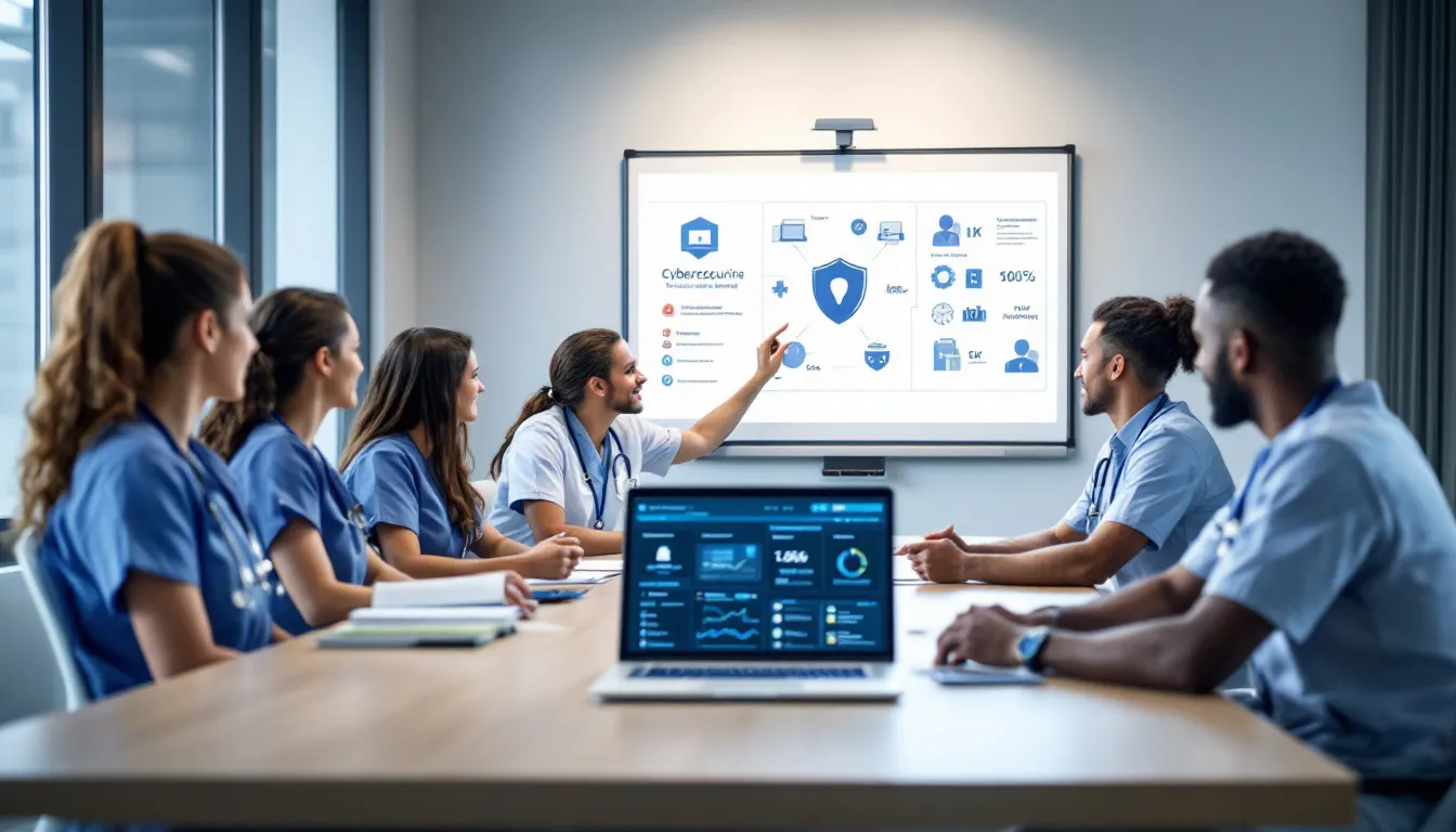 In the image, a diverse healthcare team is engaged in a training session, discussing cybersecurity protocols to enhance their ability to protect sensitive health-related information. The focus is on ensuring that health care providers are equipped to combat health misinformation and disinformation campaigns that could threaten public health efforts.