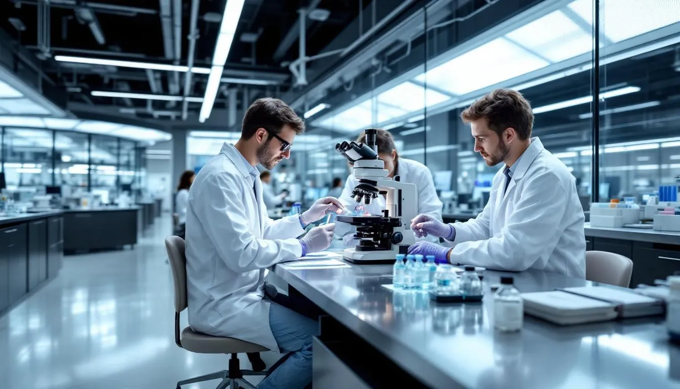 In a modern laboratory, scientists are examining vaccine samples under a microscope, utilizing advanced research equipment to ensure vaccine safety and monitor potential adverse events. Their work contributes to the evaluation of vaccine ingredients and the prevention of vaccine-preventable diseases, safeguarding public health.