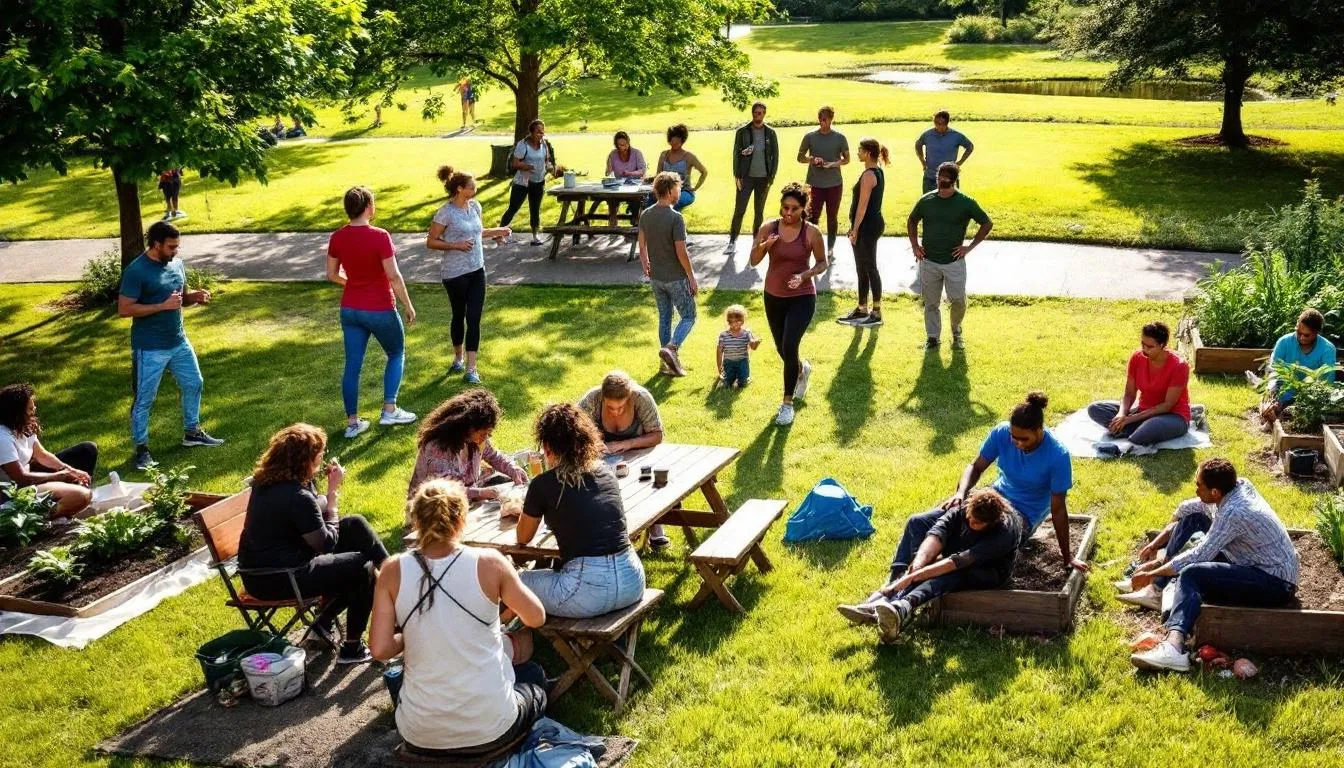 A diverse group of community members participates in wellness activities outdoors, engaging in exercise, gardening, and group discussions that promote physical health, mental wellbeing, and social wellness. This vibrant scene highlights the importance of community support in fostering a healthy lifestyle and overall well-being.