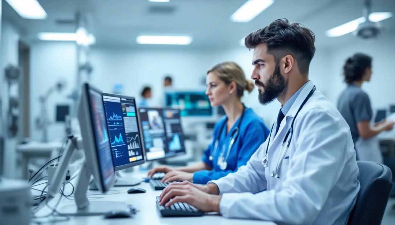 The image depicts healthcare professionals intently analyzing medical data displayed on multiple computer screens, utilizing deep learning techniques to enhance their understanding of patient information systems. This collaborative environment reflects their commitment to improving healthcare outcomes through advanced algorithms and data curation practices.