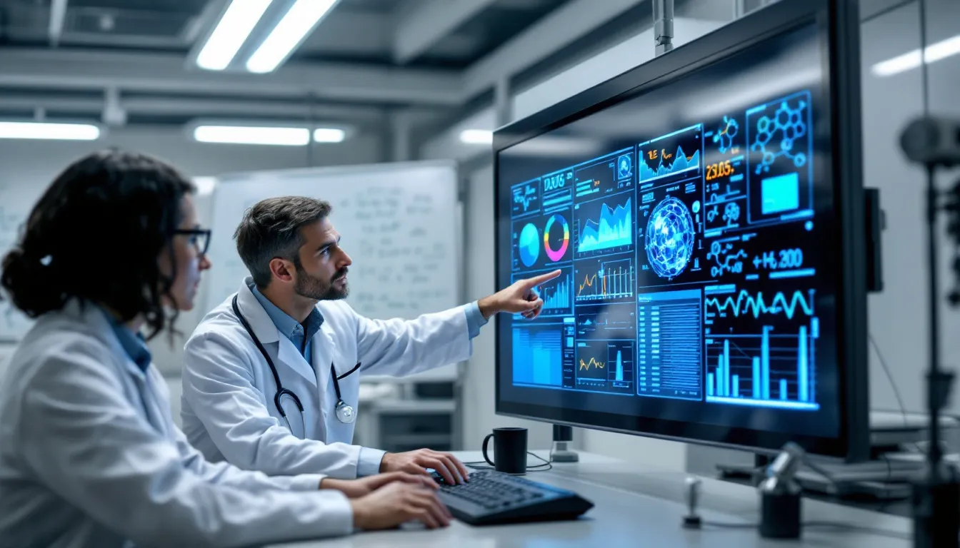 The image depicts a group of medical researchers collaborating on AI-powered drug discovery systems, utilizing deep learning algorithms to enhance healthcare applications. They are engaged in discussions and analyzing data, illustrating the intersection of programming, information systems, and generative models in their research efforts.