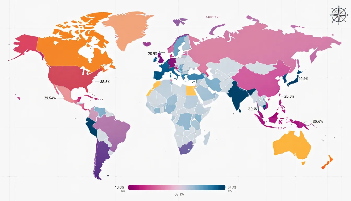 The image depicts a global map illustrating the varying COVID-19 vaccination rates across different countries, highlighting areas with high vaccination coverage and those with lower rates. This visual representation emphasizes the importance of public health efforts and the need for universal availability of COVID-19 vaccines to ensure the best protection against the virus.