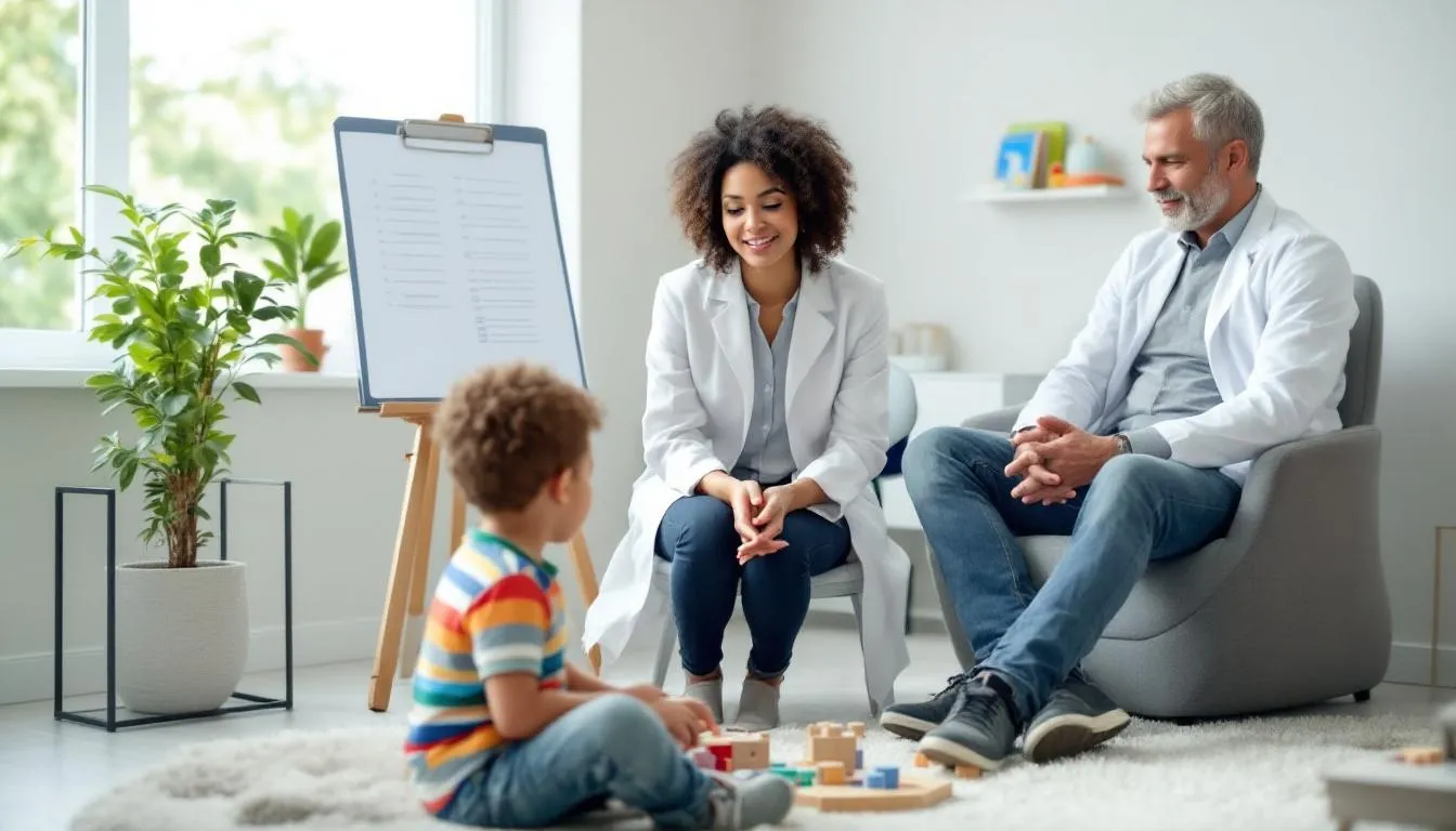 A parent is consulting with a pediatrician about vaccine safety while their child plays with educational toys in a modern clinic examination room. The setting emphasizes a focus on health care and safety concerns regarding childhood vaccines, providing a supportive environment for both the parent and child.
