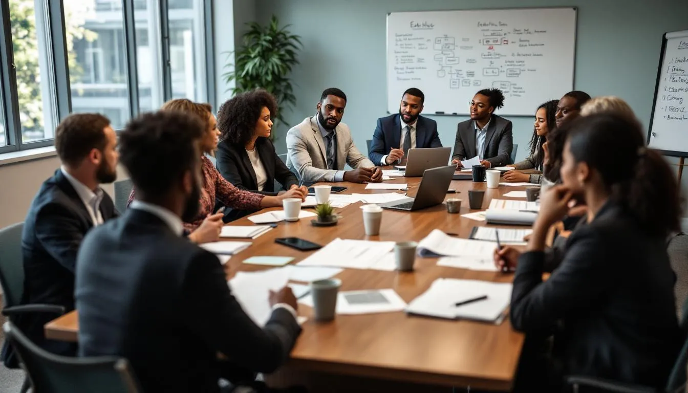A diverse group of healthcare ethics committee members is gathered in a professional conference room, reviewing documents related to vaccine safety monitoring and safety concerns. The atmosphere is focused and collaborative as they discuss scientific evidence and the importance of protecting children from vaccine-preventable diseases.