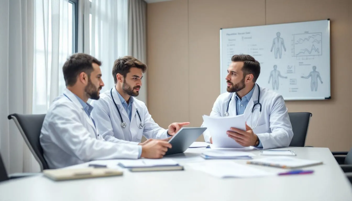 A group of medical professionals collaborates in a well-lit office, reviewing health data and research documents to enhance overall health and wellness. They discuss various aspects of mental health and physical well-being, focusing on improving quality of life for individuals affected by health challenges.