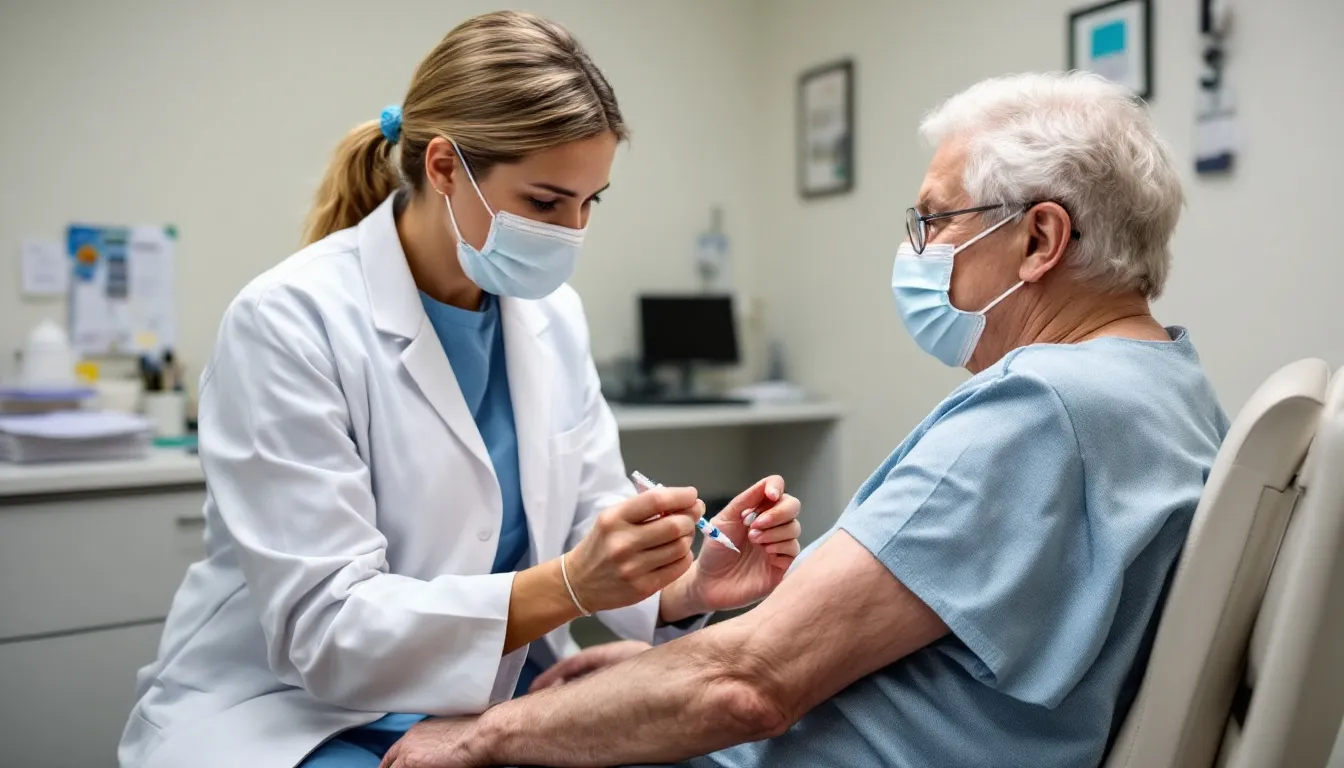 A healthcare worker is seen preparing to administer a COVID-19 booster shot to an elderly patient, highlighting the ongoing efforts in public health and vaccination coverage against infectious diseases. This scene emphasizes the importance of booster doses in providing the best protection against the coronavirus disease.