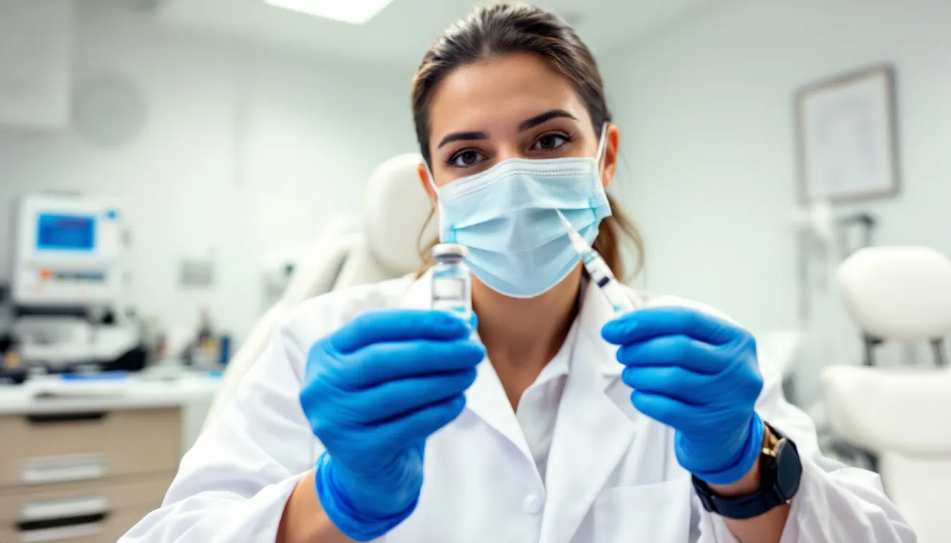 A healthcare provider in a clinical setting is holding a vial of the MMR vaccine and a syringe, ready to administer the vaccine that protects against measles, mumps, and rubella. This immunization is crucial for disease control and preventing mumps outbreaks, especially among children and young adults.
