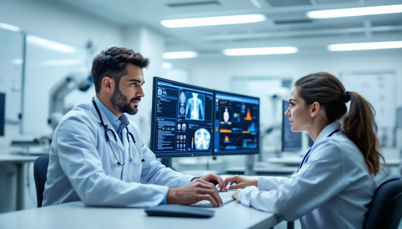 The image depicts medical professionals in a clinic actively using AI screening tools to enhance patient care. These healthcare workers are engaged in deep learning applications, reflecting the integration of advanced algorithms in modern medical practices.
