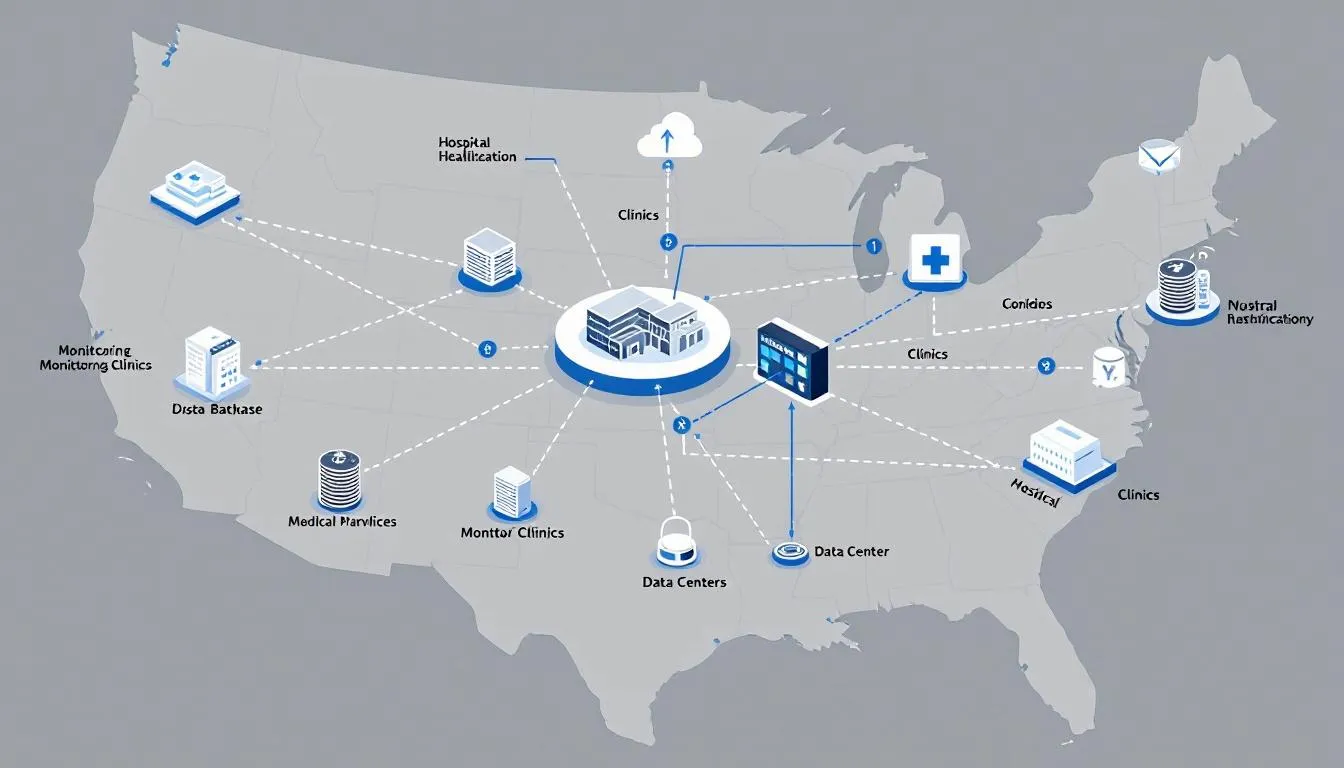 The image depicts a network diagram illustrating interconnected healthcare systems and monitoring databases across the United States, emphasizing the importance of vaccine safety monitoring and the role of health care organizations in protecting children from vaccine-preventable diseases. Various nodes represent different entities involved in clinical trials and safety testing, ensuring high safety standards for vaccines like the MMR and flu vaccines.