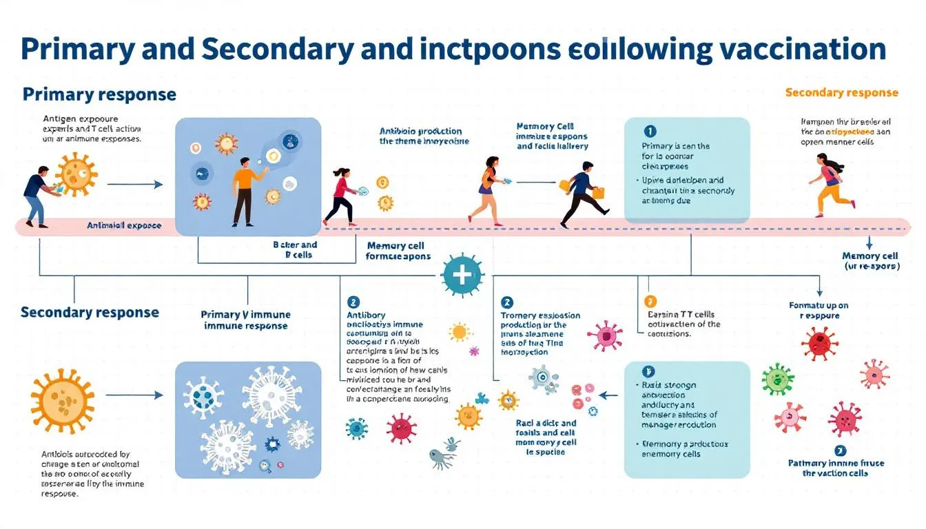 The image depicts a timeline illustrating the primary and secondary immune responses following vaccination, highlighting how the immune system reacts to vaccines. It shows the activation of immune cells and the production of antibodies over time, demonstrating the importance of vaccines in building long-lasting immunity against infectious diseases.