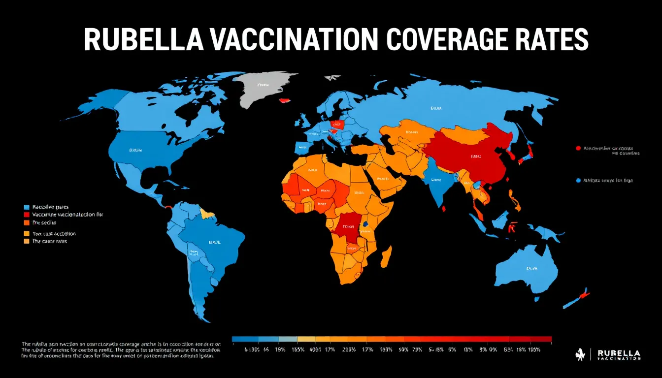 The image displays a global map illustrating rubella vaccination coverage rates, highlighting regions with varying levels of immunization against rubella virus and related vaccine preventable diseases. Areas with higher vaccination rates are indicated, emphasizing the importance of the MMR vaccine in preventing congenital rubella syndrome and protecting public health.