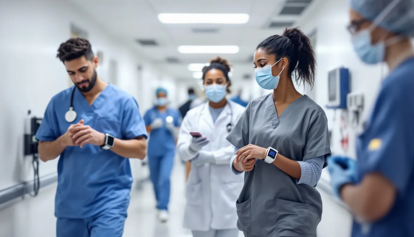 In a hospital setting, healthcare workers are seen wearing advanced monitoring devices that track patient health metrics. This scene reflects the integration of technology and deep learning in healthcare, showcasing how wearable devices enhance patient care and data collection.