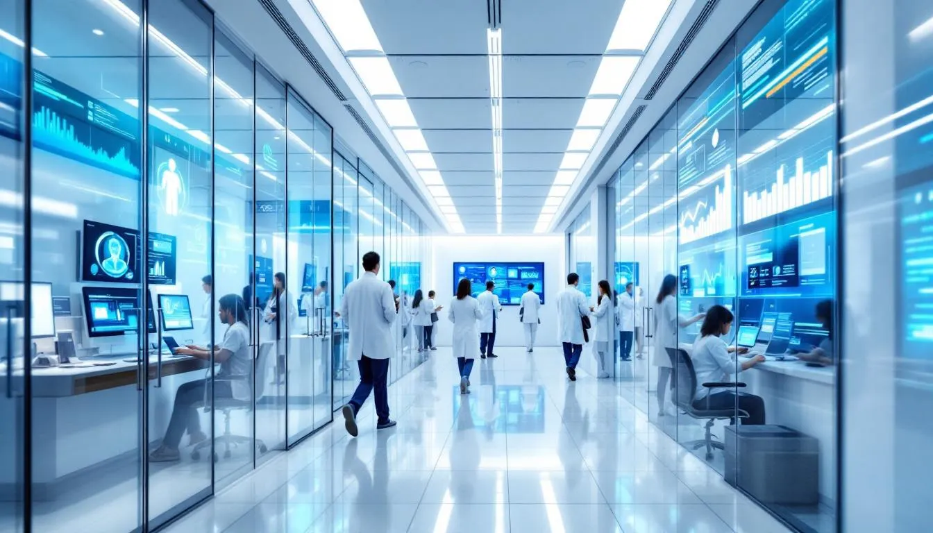 The image depicts a modern medical facility equipped with electronic health record systems and data analysis centers, emphasizing the importance of vaccine safety monitoring and clinical trials in protecting children from vaccine-preventable diseases. The environment showcases advanced technology used by health care organizations to ensure high safety standards and effective vaccination processes.