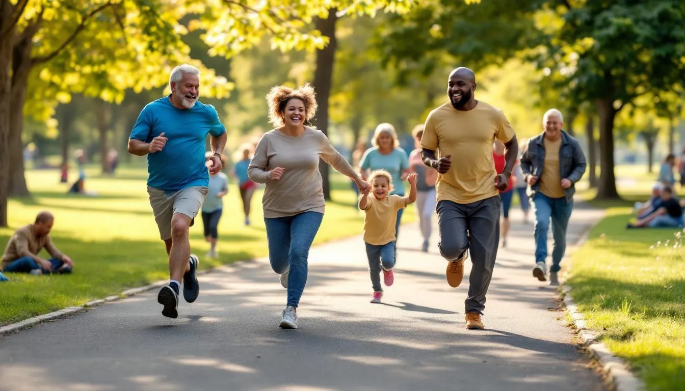 A diverse group of community members of various ages engages in outdoor exercise activities in a park, promoting physical health and emotional wellness. This vibrant scene illustrates the importance of social well-being and a healthy lifestyle, fostering positive feelings and connections among participants.