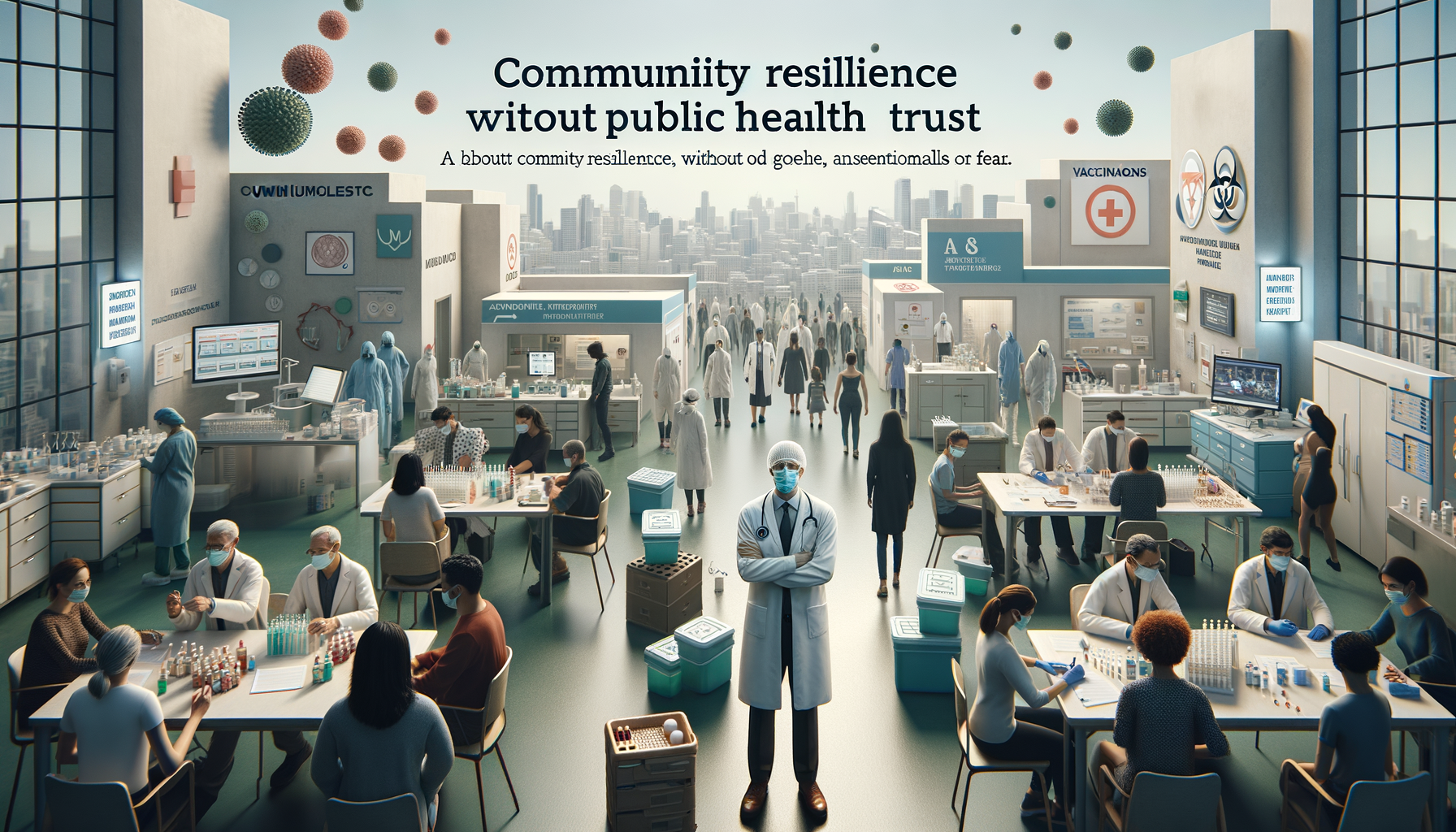 Create a clean, professional, editorial-style image for Dr. Jay Varma’s public health website, which shares evidence-based guidance on infectious diseases, outbreaks, vaccination, and health strategy. The image should: Clearly visualise the topic with calm authority Fit an expert health site: modern, trustworthy, and photorealistic Avoid sensationalism, gore, or fearmongering Depict clinics, labs, vaccination sites, or diverse people in public health contexts Leave space for a text overlay if possible; use a neutral, non-distracting palette Include realistic details but avoid cluttered backgrounds Reinforce public understanding and trust in health professionals Do not include any text in the image. Topic: Community Resilience and Public Health Trust