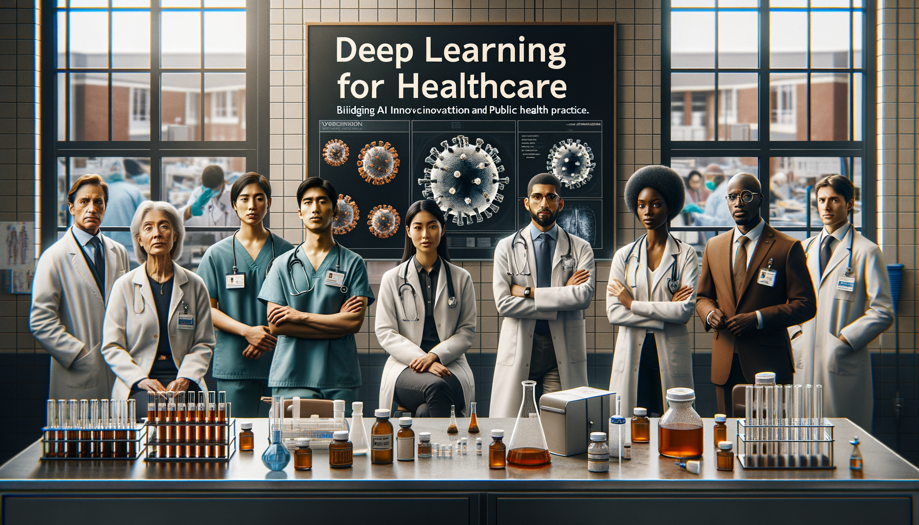 Create a clean, professional, editorial-style image for Dr. Jay Varma’s public health website, which shares evidence-based guidance on infectious diseases, outbreaks, vaccination, and health strategy. The image should: Clearly visualise the topic with calm authority Fit an expert health site: modern, trustworthy, and photorealistic Avoid sensationalism, gore, or fearmongering Depict clinics, labs, vaccination sites, or diverse people in public health contexts Leave space for a text overlay if possible; use a neutral, non-distracting palette Include realistic details but avoid cluttered backgrounds Reinforce public understanding and trust in health professionals Do not include any text in the image. Topic: Deep Learning for Healthcare: Bridging AI Innovation and Public Health Practice