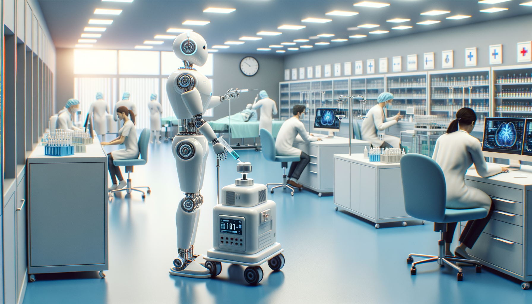 Create a clean, professional, editorial-style image for Dr. Jay Varma’s public health website, which shares evidence-based guidance on infectious diseases, outbreaks, vaccination, and health strategy. The image should: Clearly visualise the topic with calm authority Fit an expert health site: modern, trustworthy, and photorealistic Avoid sensationalism, gore, or fearmongering Depict clinics, labs, vaccination sites, or diverse people in public health contexts Leave space for a text overlay if possible; use a neutral, non-distracting palette Include realistic details but avoid cluttered backgrounds Reinforce public understanding and trust in health professionals Do not include any text in the image. Topic: Robots in the Medical Industry: Clinical Evidence and Public Health Impact