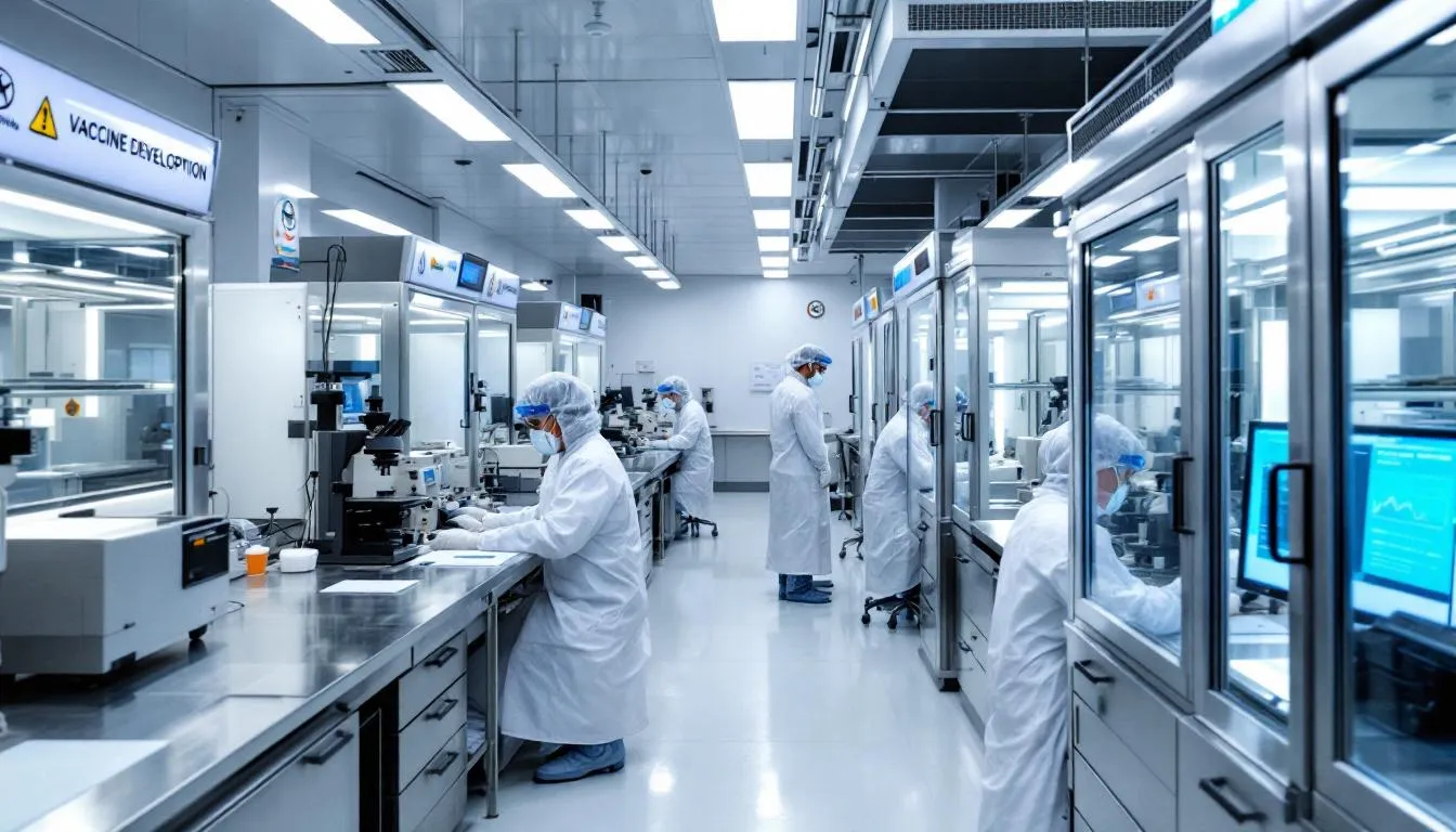 In a vaccine development laboratory, scientists in lab coats are seen working diligently under strict safety protocols, focusing on the manufacturing process of vaccines that stimulate the immune system to create antibodies against infectious diseases. Their research aims to enhance community immunity and prevent serious illnesses by developing effective vaccines, including mRNA and inactivated vaccines.