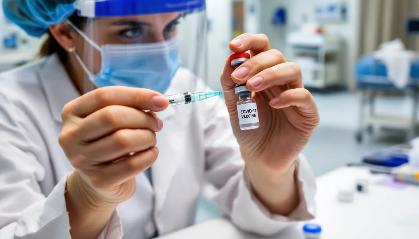 A healthcare worker is seen in a medical setting, carefully preparing a COVID-19 vaccine dose, highlighting the ongoing efforts in public health and disease control. This image emphasizes the importance of vaccination in combating infectious diseases during the pandemic.