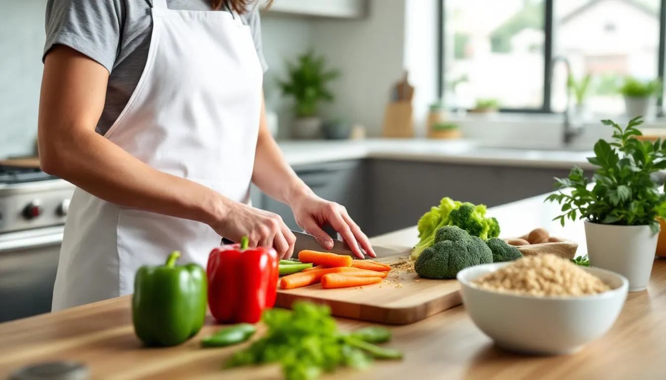 A person is seen preparing a healthy meal with fresh vegetables and whole grains, emphasizing the importance of nutrition in promoting overall health and well-being. This holistic approach to diet supports both mental and physical health, aligning with integrative health practices.