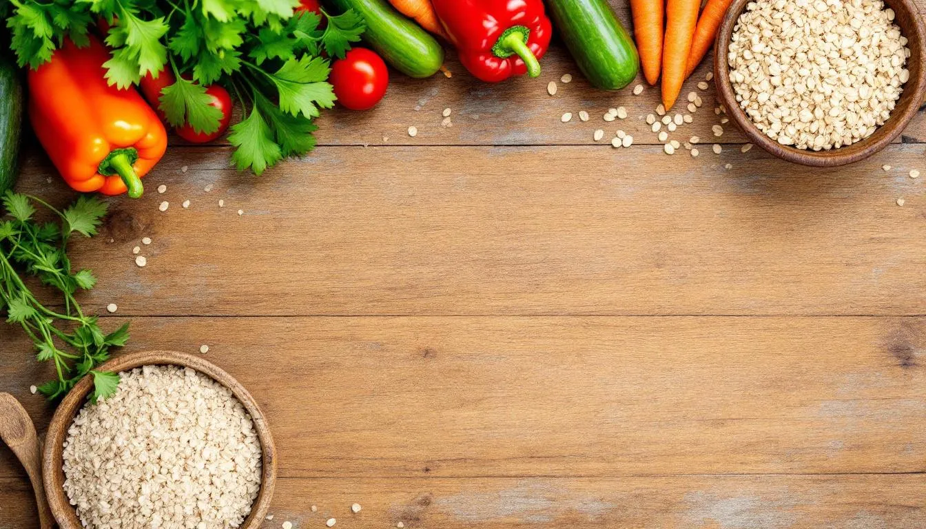 A vibrant arrangement of fresh vegetables and whole grains is displayed on a wooden table, symbolizing the importance of good eating habits for physical health and wellness. This colorful spread reflects the six dimensions of wellness, encouraging individuals to enhance their well-being through nutritious choices and mindful consumption.