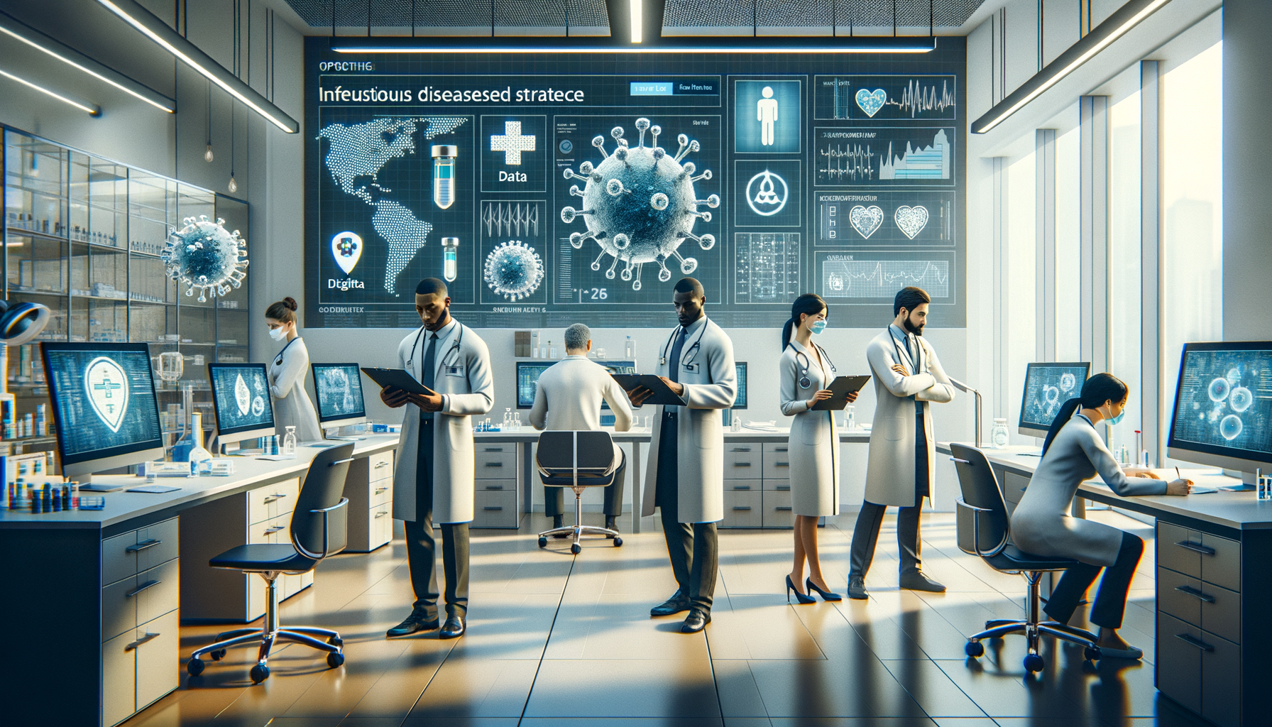 Create a clean, professional, editorial-style image for Dr. Jay Varma’s public health website, which shares evidence-based guidance on infectious diseases, outbreaks, vaccination, and health strategy. The image should: Clearly visualise the topic with calm authority Fit an expert health site: modern, trustworthy, and photorealistic Avoid sensationalism, gore, or fearmongering Depict clinics, labs, vaccination sites, or diverse people in public health contexts Leave space for a text overlay if possible; use a neutral, non-distracting palette Include realistic details but avoid cluttered backgrounds Reinforce public understanding and trust in health professionals Do not include any text in the image. Topic: Future of Trust Hub: Data, Digital Ethics, and Polarization