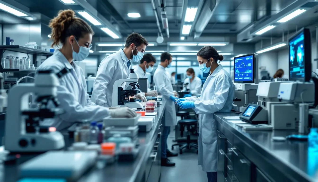 The image depicts a modern medical laboratory where scientists are diligently analyzing disease samples to understand infectious diseases and prevent potential disease outbreaks. The researchers, equipped with lab coats and safety gear, work with various instruments and specimens, contributing to the vital efforts in disease control and surveillance systems.