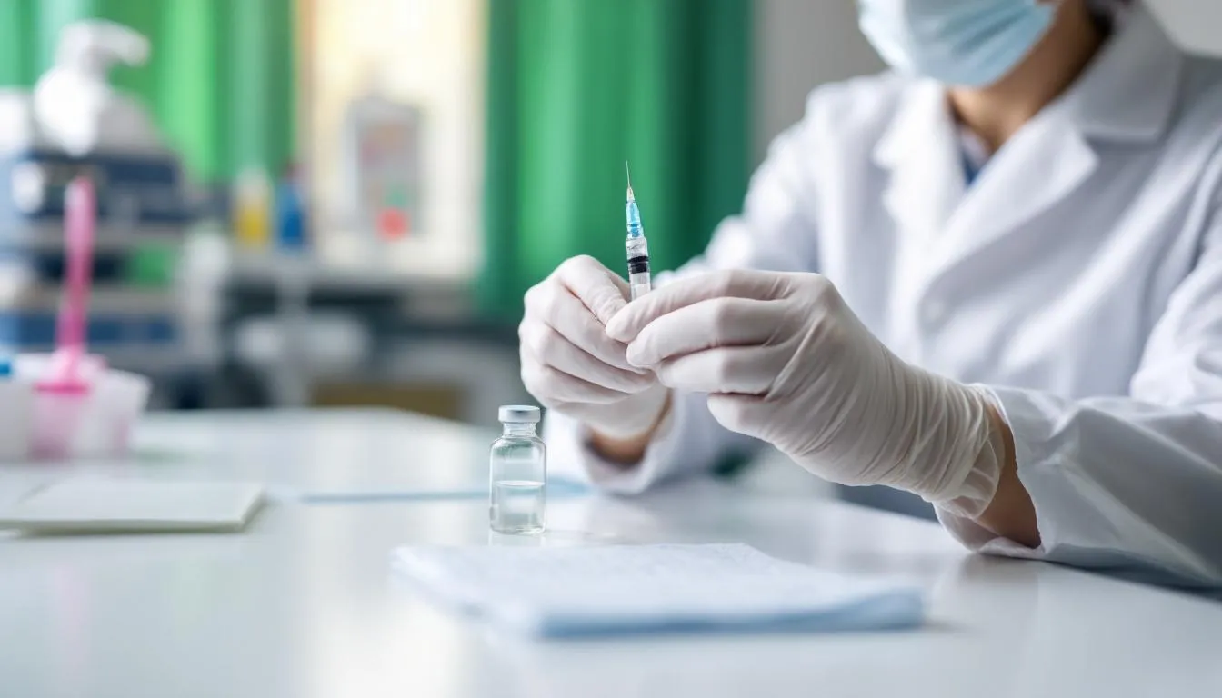 A healthcare professional is shown preparing a vaccine injection, emphasizing the importance of infection prevention and control in healthcare settings. The image highlights the role of healthcare providers in fighting infectious diseases and improving patient outcomes through vaccination.