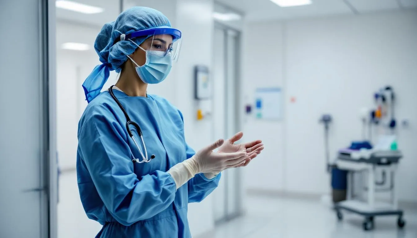 A healthcare worker in full personal protective equipment is demonstrating infection prevention protocols within a medical facility, emphasizing the importance of infection control measures to protect against healthcare associated infections. The scene highlights the commitment of healthcare providers to ensure patient safety and prevent the spread of infectious diseases.