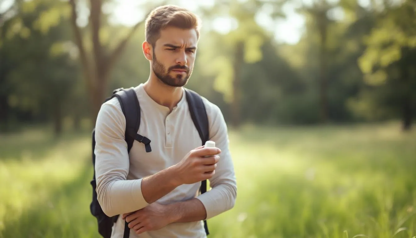 A person is outdoors applying insect repellent to their skin, helping to prevent bug bites and reduce the risk of infections such as Lyme disease. This action is part of infection control measures to protect against infectious agents in the environment.