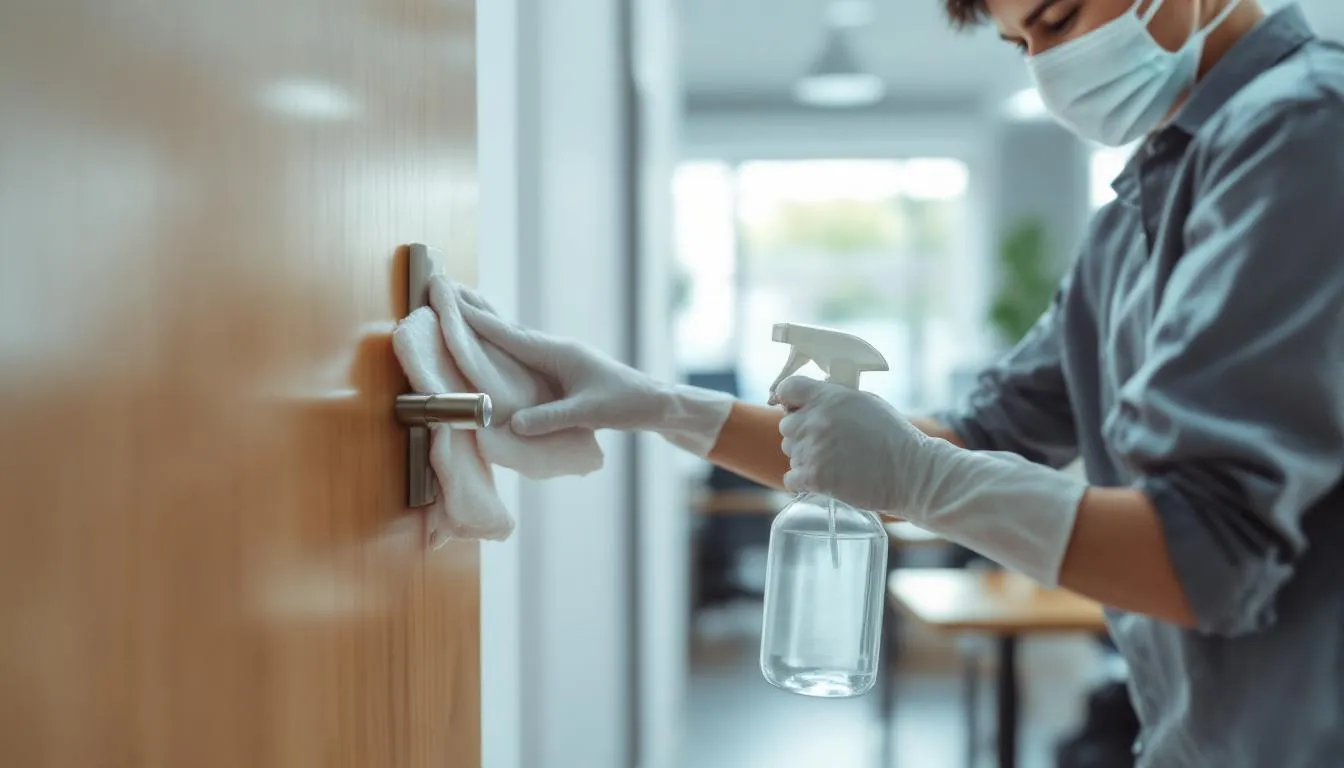 A person is cleaning and disinfecting high-touch surfaces, such as doorknobs and light switches, to prevent the spread of infectious diseases in a healthcare facility. This action is part of infection control measures aimed at ensuring patient safety and minimizing the risk of healthcare-associated infections.