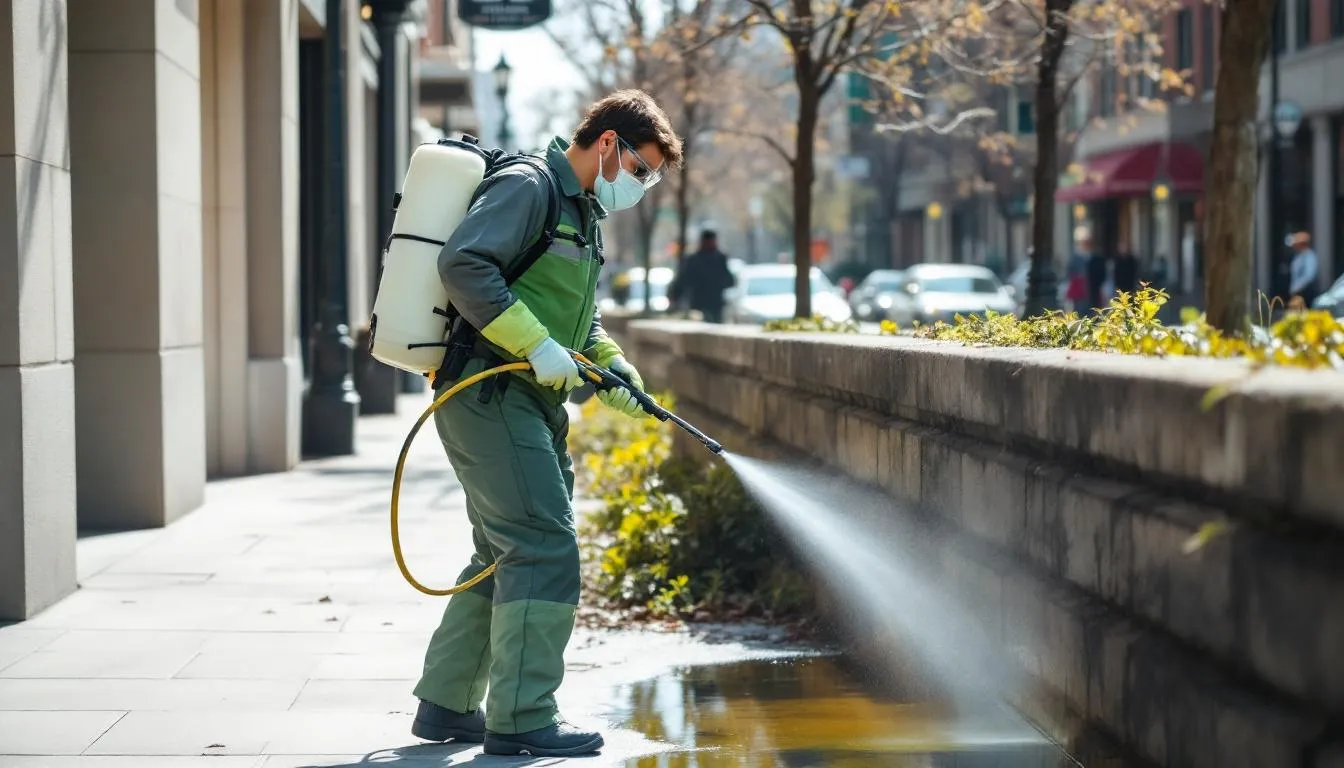 A mosquito control worker is seen applying larvicide to standing water in an urban area while wearing appropriate personal protective equipment, emphasizing the importance of infection prevention and control measures to reduce the spread of infectious diseases. This proactive action is vital for public health safety and environmental infection control.