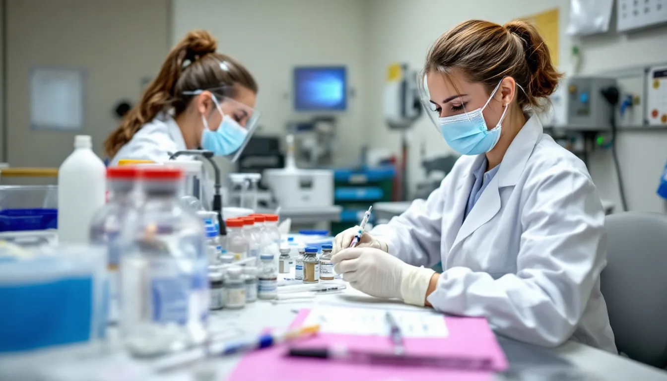 A healthcare worker is preparing doses of the polio vaccine in a clinical setting, focusing on either the oral polio vaccine (OPV) or the inactivated polio vaccine (IPV). The scene highlights the importance of vaccination in the global effort to eradicate polio and protect public health.