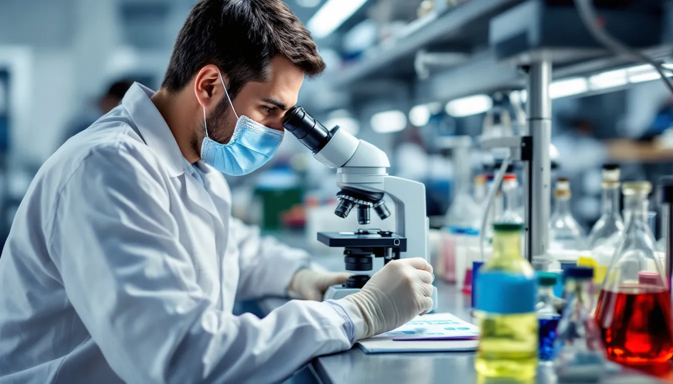 A laboratory technician is intently examining poliovirus samples under a microscope, highlighting the critical work involved in developing polio vaccines. This meticulous analysis is essential for understanding the virus and advancing efforts to eradicate polio through vaccination initiatives.