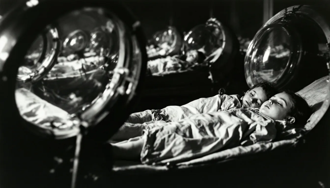 The historical photo depicts several children inside iron lung machines in a hospital ward, a stark reminder of the impact of polio infections before the widespread use of polio vaccines. These machines were utilized to assist patients with respiratory failure caused by the poliovirus, highlighting the critical need for effective vaccination campaigns to eradicate polio.