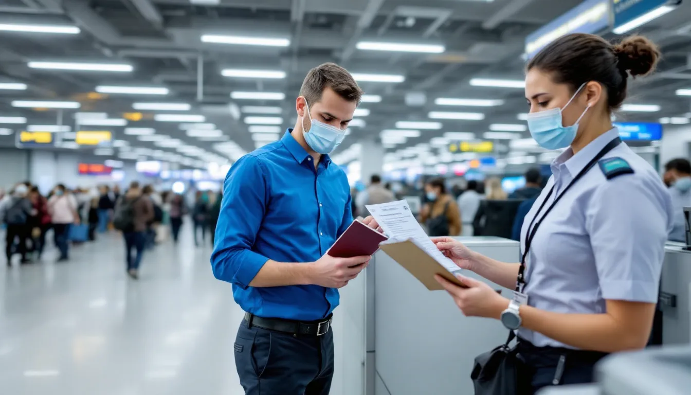 An airport health checkpoint is shown where a health official is reviewing vaccination documentation, likely related to the polio vaccination status of travelers. The scene emphasizes the importance of ensuring proper vaccination, including the oral polio vaccine and inactivated polio vaccine, to help prevent the spread of infectious diseases like polio.