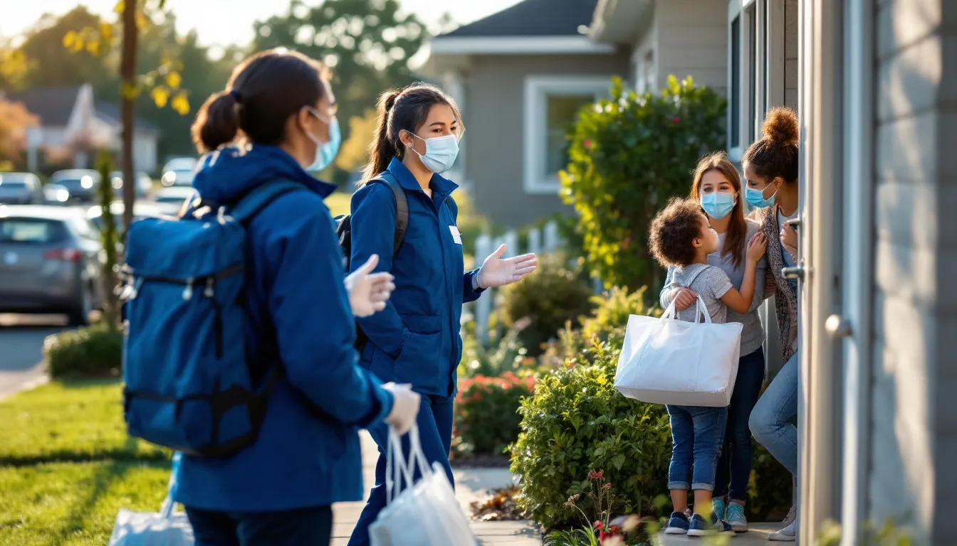 Public health workers are seen conducting a door-to-door vaccination campaign, promoting the oral polio vaccine to ensure community members are protected against polio infections. Their efforts are part of a global initiative to eradicate polio and increase vaccination coverage in the community.
