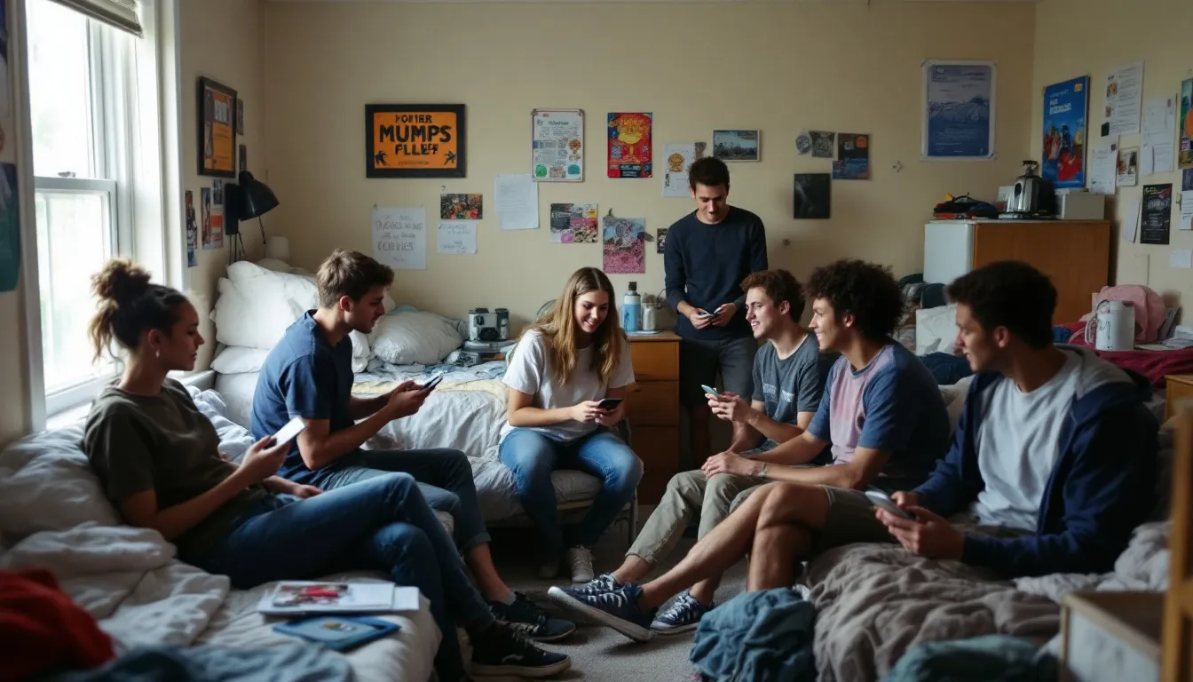 The image depicts a group of young adults in a college dormitory, highlighting a high-risk environment for mumps transmission. They are gathered in a communal area, emphasizing the importance of mumps vaccination and the need for adequate vaccination, such as the MMR vaccine, to prevent outbreaks of this contagious disease.