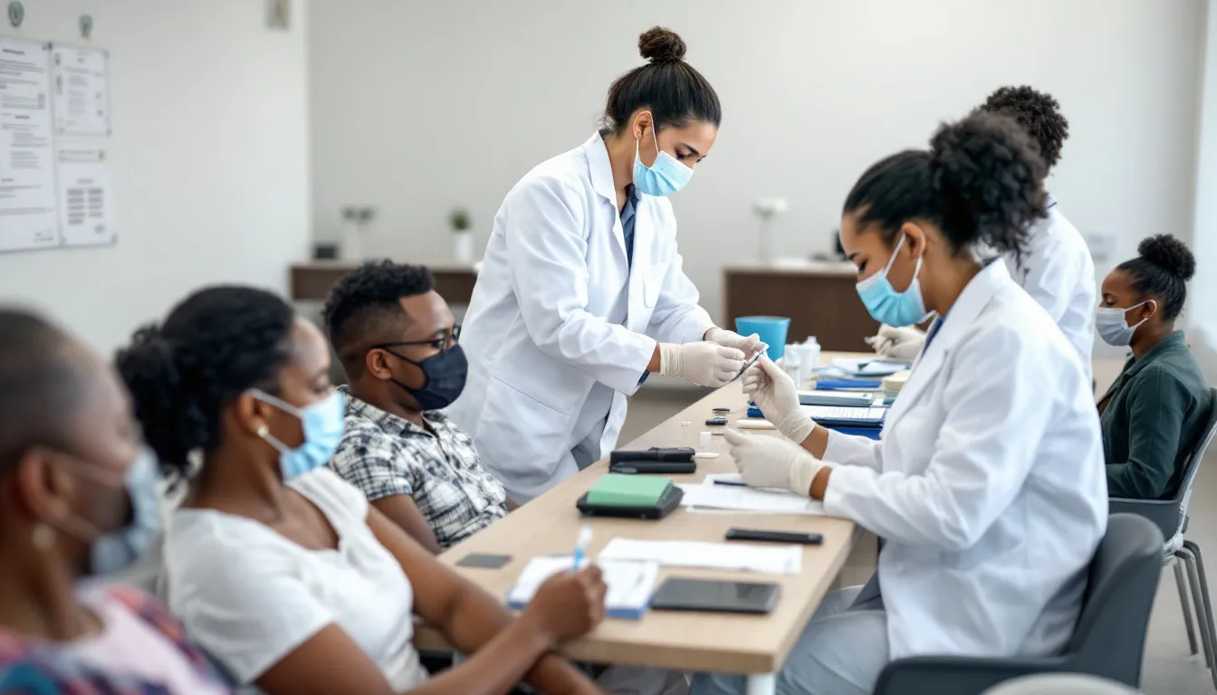 In a clinic setting, healthcare workers are seen administering vaccines to a diverse group of community members, including pregnant women and children, highlighting the importance of vaccination in achieving herd immunity and controlling infectious diseases. This scene emphasizes the role of public health in protecting the population from vaccine-preventable diseases.
