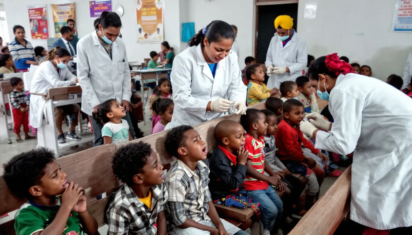The image shows children receiving the oral polio vaccine during a global immunization campaign, highlighting the importance of vaccination in controlling infectious diseases and achieving herd immunity within the community. This initiative aims to protect the population from vaccine-preventable diseases and reduce disease transmission.
