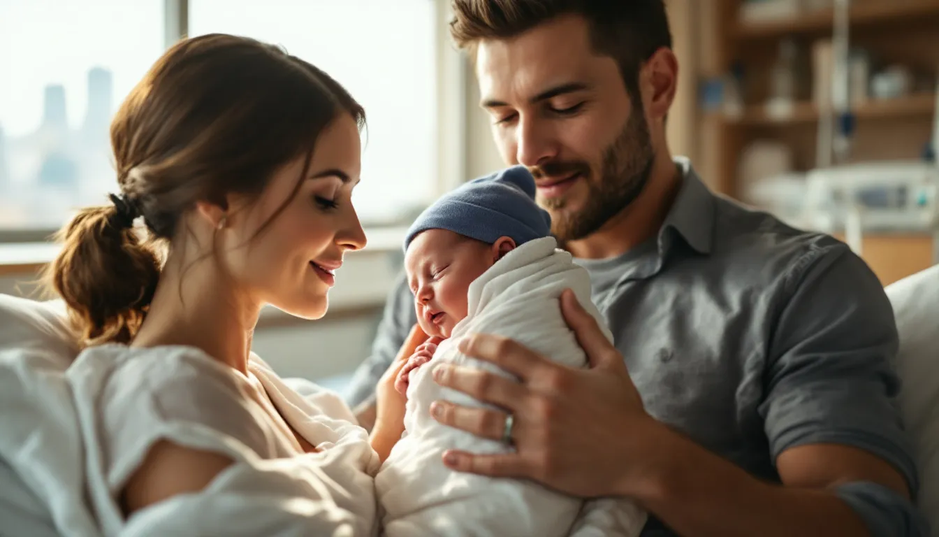 A newborn baby is being lovingly held by their parents in a hospital setting, symbolizing the importance of community immunity to protect against infectious diseases. This tender moment highlights the role of vaccination in achieving herd immunity and safeguarding the health of vulnerable populations, including newborns.