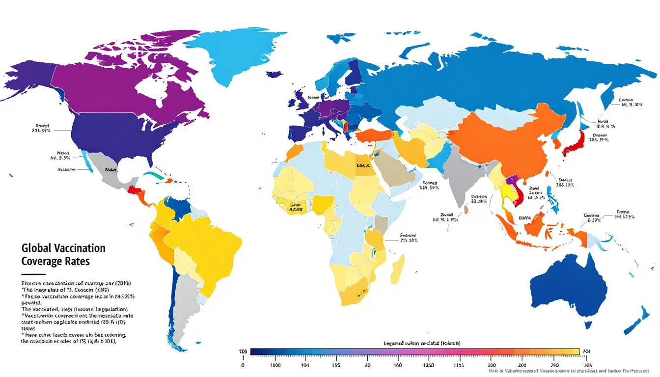The image depicts a world map illustrating global vaccination coverage rates, highlighting varying levels of vaccine uptake across different countries. This visual representation emphasizes the importance of achieving herd immunity to control infectious diseases and protect communities from outbreaks.