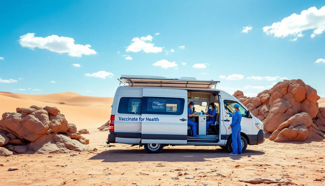 A mobile vaccination unit is traveling through a vast desert landscape, with health workers preparing vaccine doses to combat vaccine-preventable diseases. This scene highlights the ongoing efforts in global health and vaccination programs aimed at disease control and eradication initiatives.