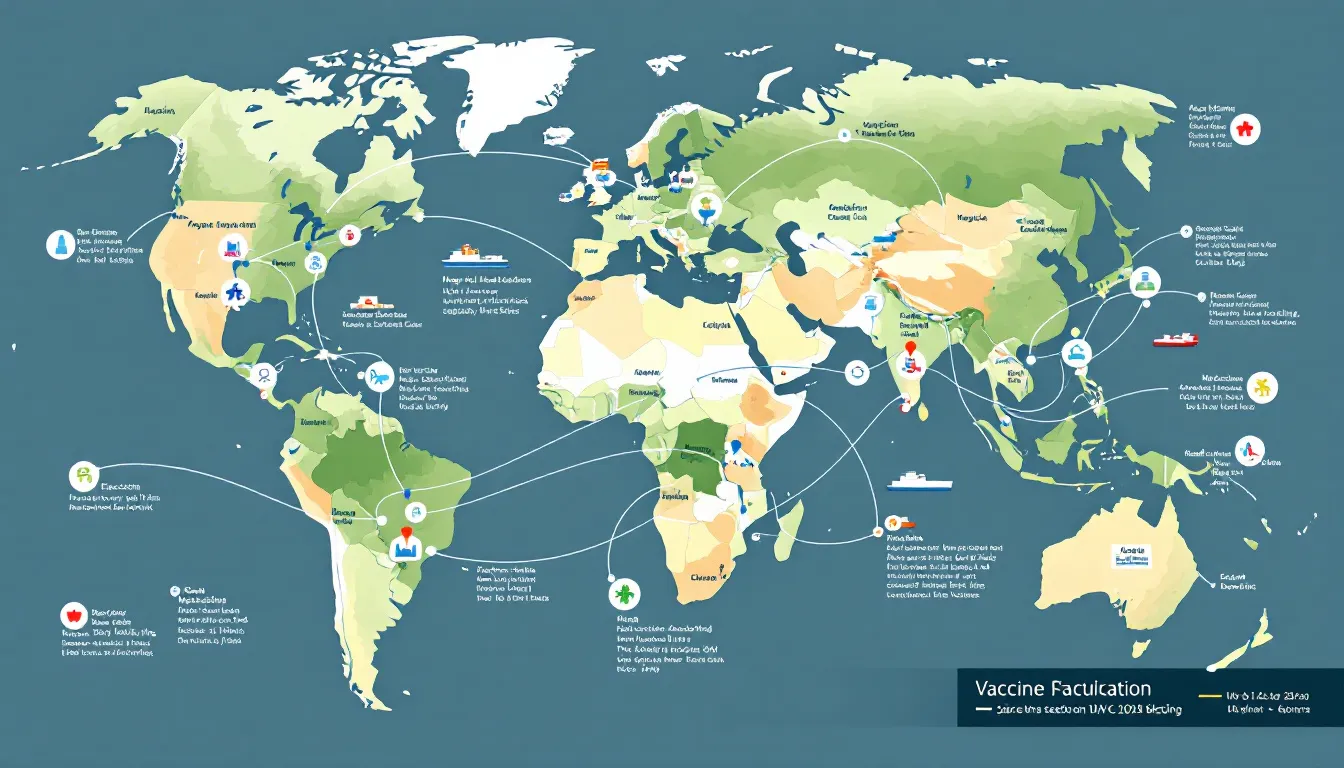 A detailed global map illustrates vaccine manufacturing facilities and supply chain networks, highlighting shipping routes essential for distributing effective vaccines. This visual emphasizes the importance of vaccination programs in combating infectious diseases and supporting global health initiatives, including the global malaria eradication program and the global polio eradication initiative.