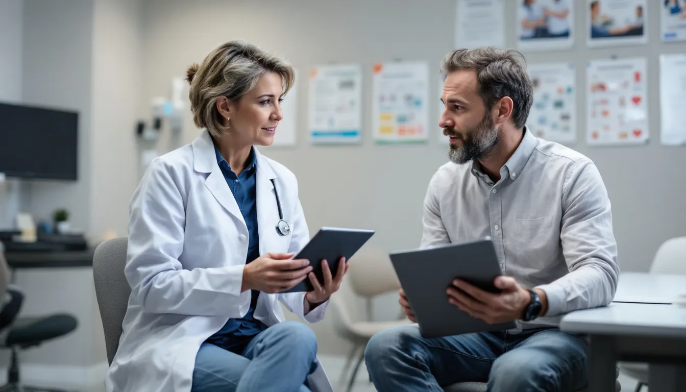 A healthcare provider is engaged in a respectful conversation with a concerned patient, addressing their questions about vaccine safety and the importance of vaccination in preventing diseases like measles and chickenpox. The interaction emphasizes the role of trusted sources in alleviating vaccine hesitancy and promoting public health.