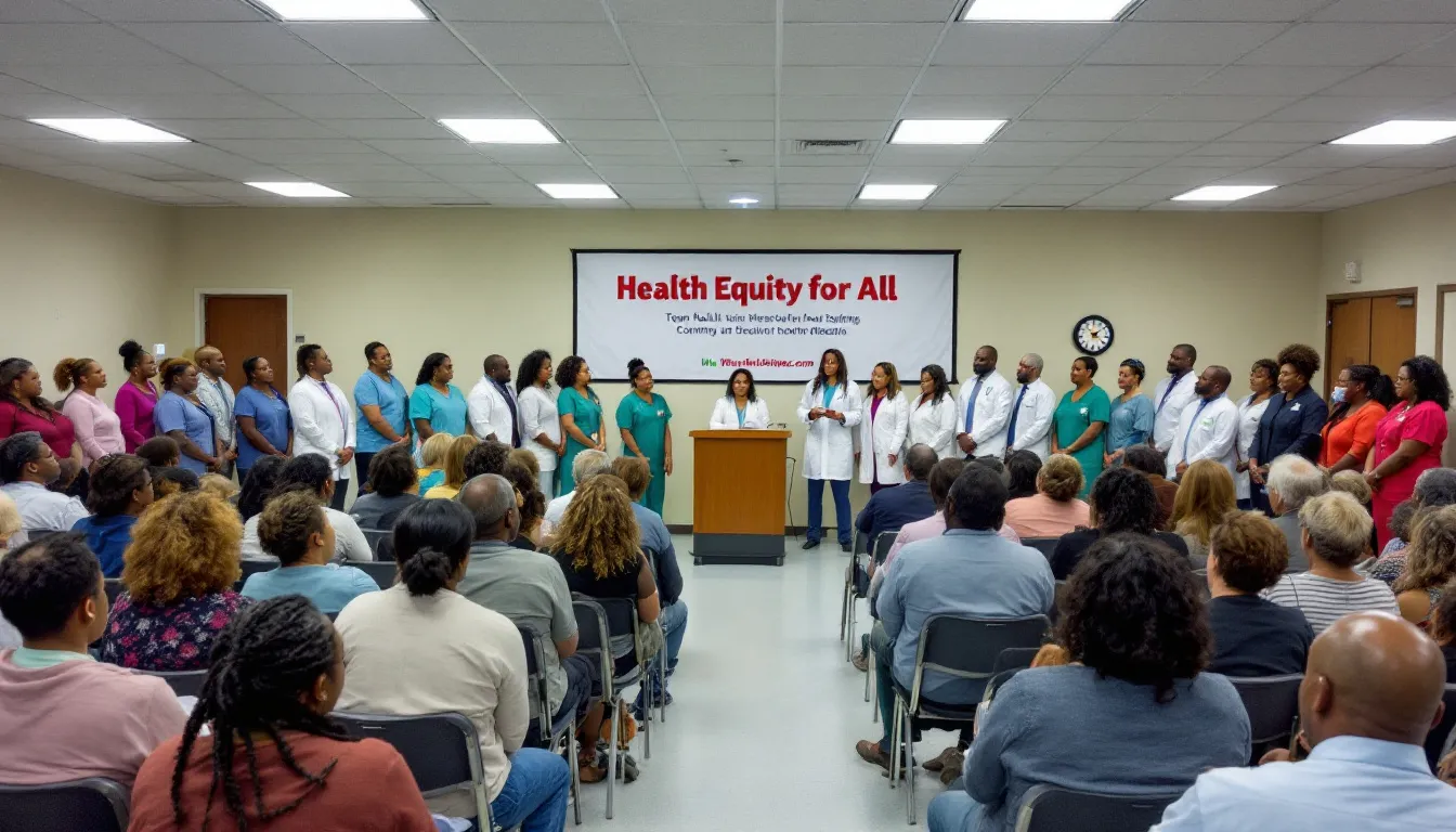 A diverse group of healthcare workers and community members are engaged in a town hall meeting, discussing important topics related to vaccine safety and the prevention of vaccine preventable diseases. The interaction highlights the role of health care providers in addressing concerns and misinformation about vaccinations and their effectiveness in protecting the community's health.